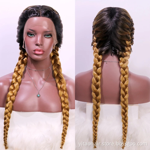 Long Double Braids  Twist Ombre color Synthetic Braided Lace Front Wig with Baby Hair synthetic hair wig with lace front